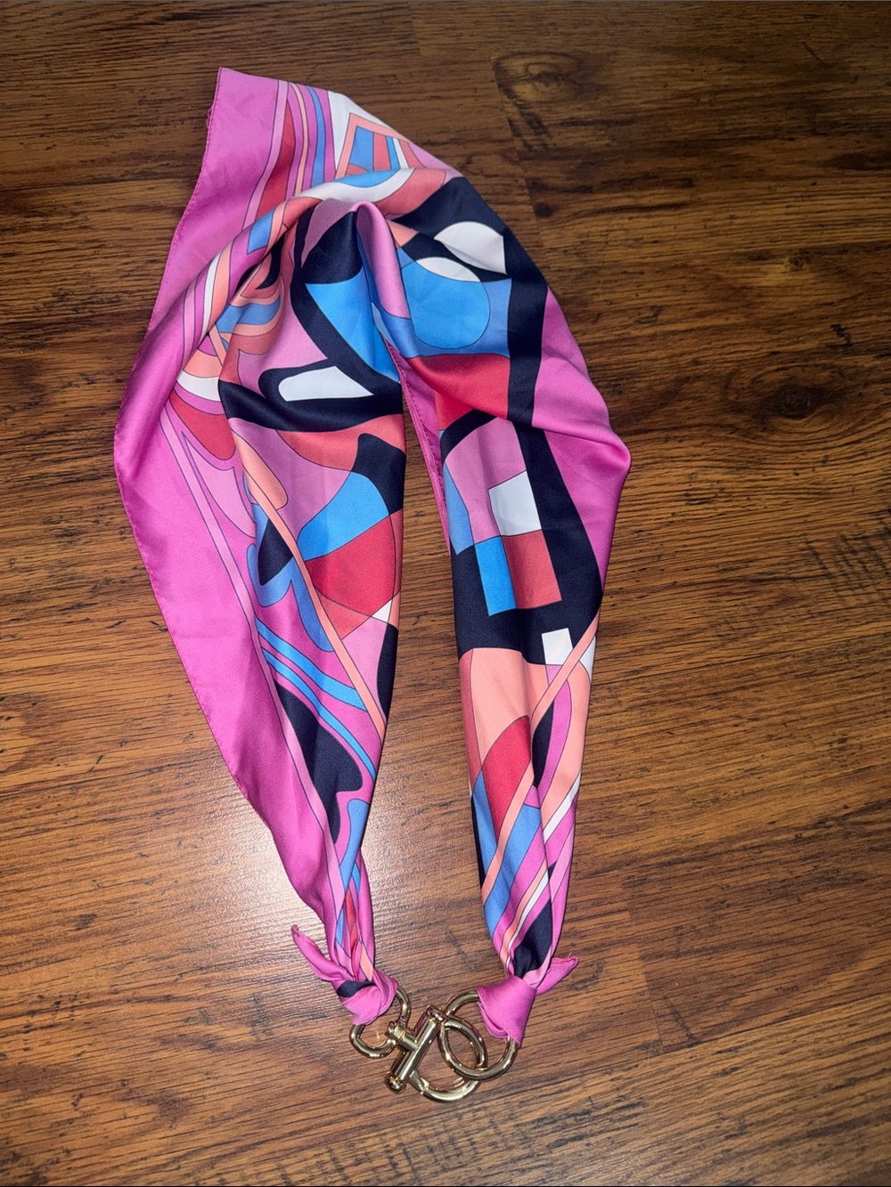 Pink Multicolor Geometric Silk Scarf Necklace with Gold Hardware 37.T